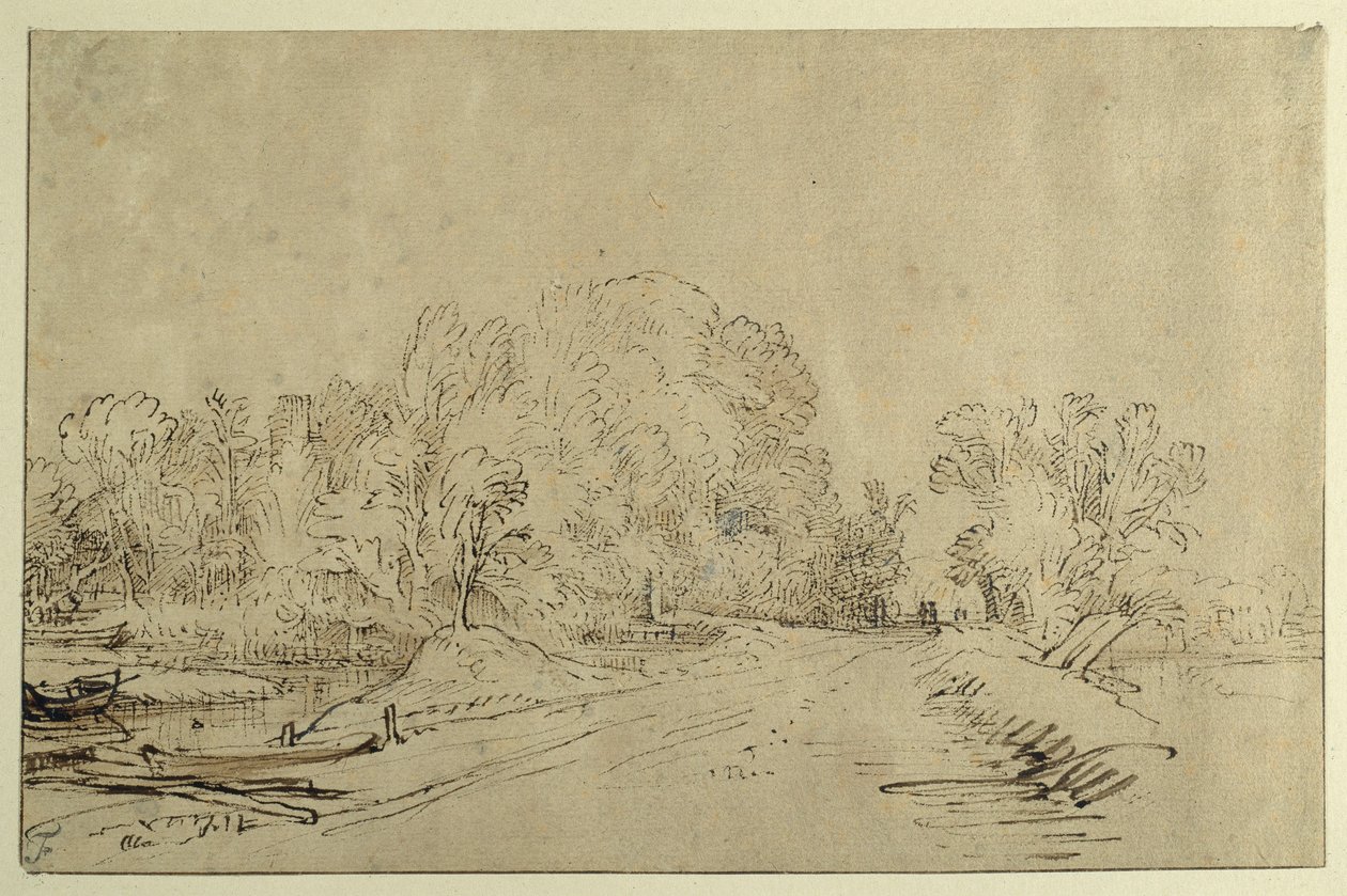 Canal with Boats, a Dyke Road and Trees by Rembrandt Harmensz. van Rijn
