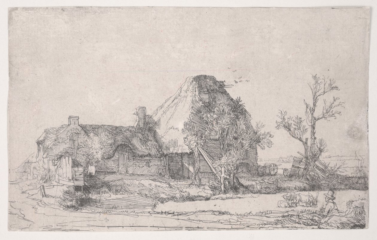 Cottage and Farm Buildings with a Man Sketching by Rembrandt van Rijn