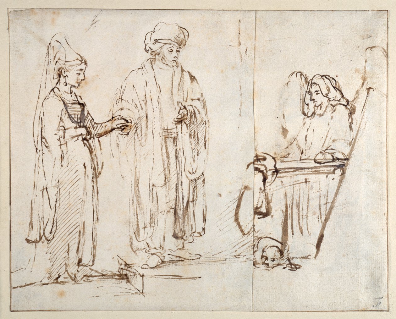 Laban Brings Leah to Jacob, with Jacob Overlaid by a Fragment of Another Drawing; an Angel with a Dog Lying at His Feet by Rembrandt Harmensz. van Rijn