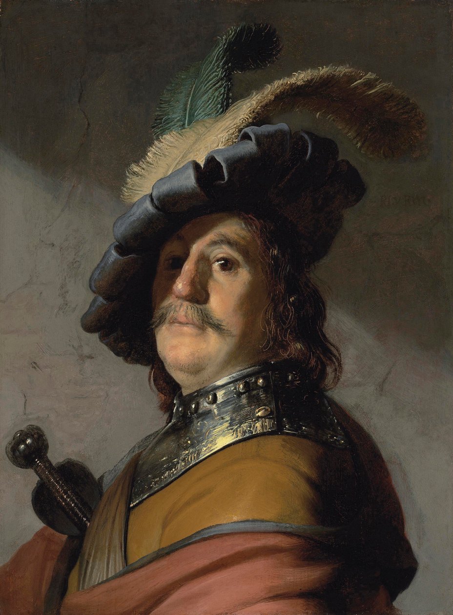 Portrait of a Man with a Breastplate and a Feathered Beret by Rembrandt Harmensz. van Rijn