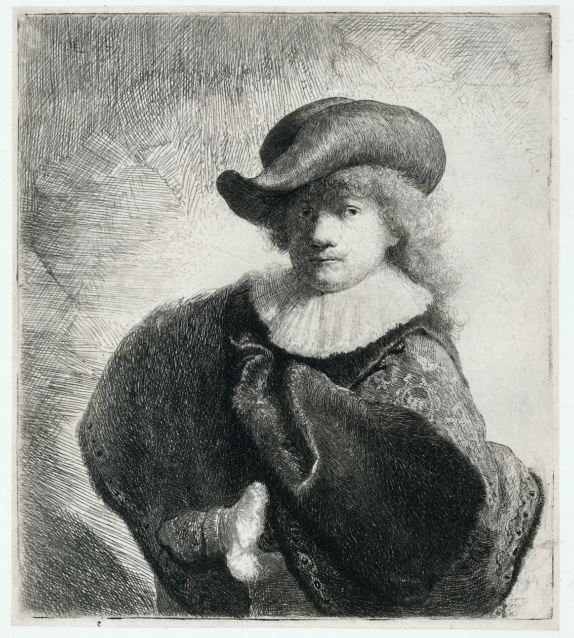 Self Portrait in a Soft Hat and Patterned Cloak by Rembrandt Harmensz. van Rijn