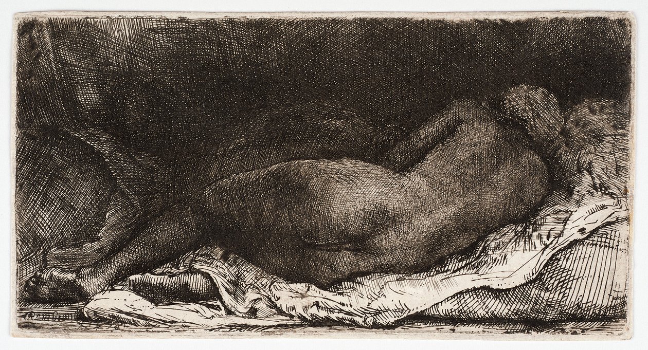 The Naked Woman, Sleeping with Her Buttocks in the Wind by Rembrandt Harmensz. van Rijn