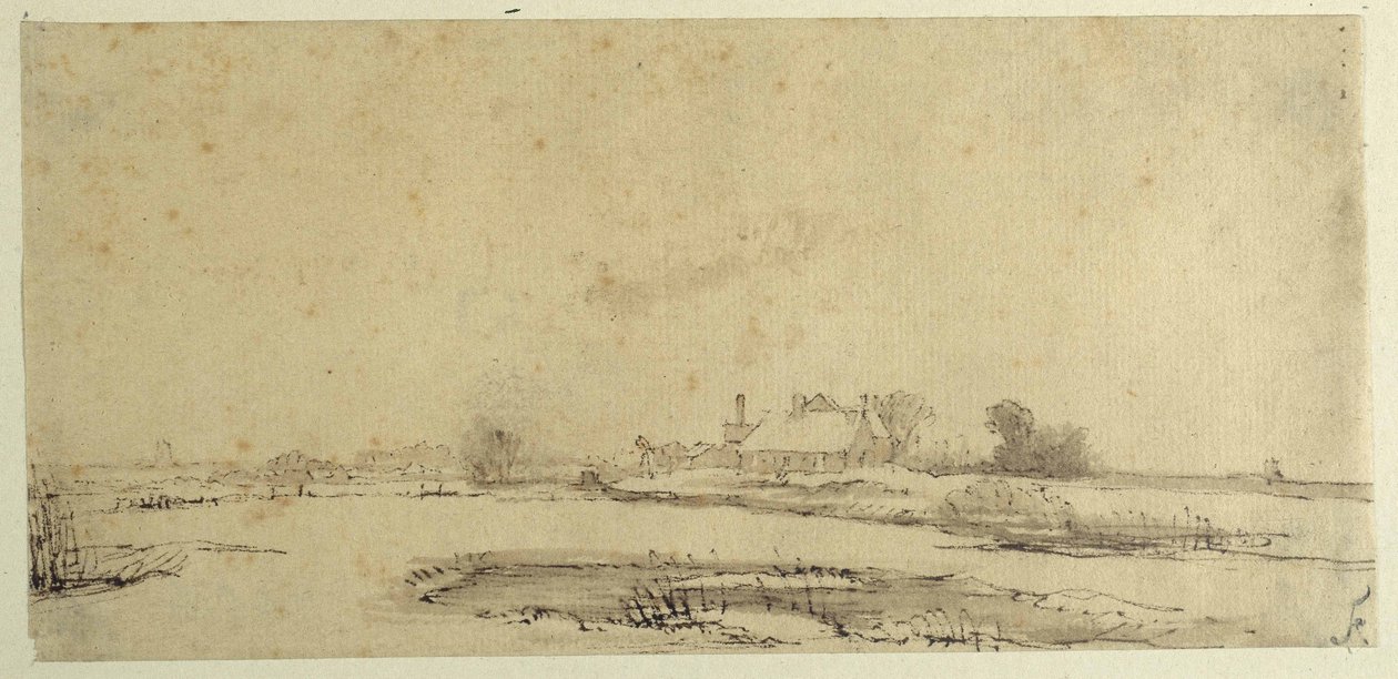 Water, meadows and a farmstead by Rembrandt Harmensz. van Rijn