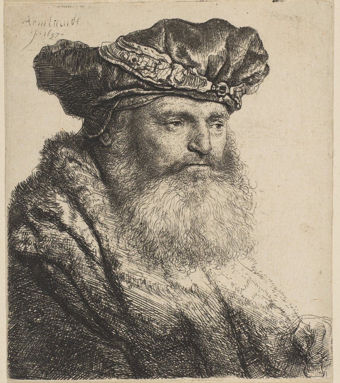 Bearded Man in a Velvet Cap with a Jewel Clasp by Rembrandt van Rijn