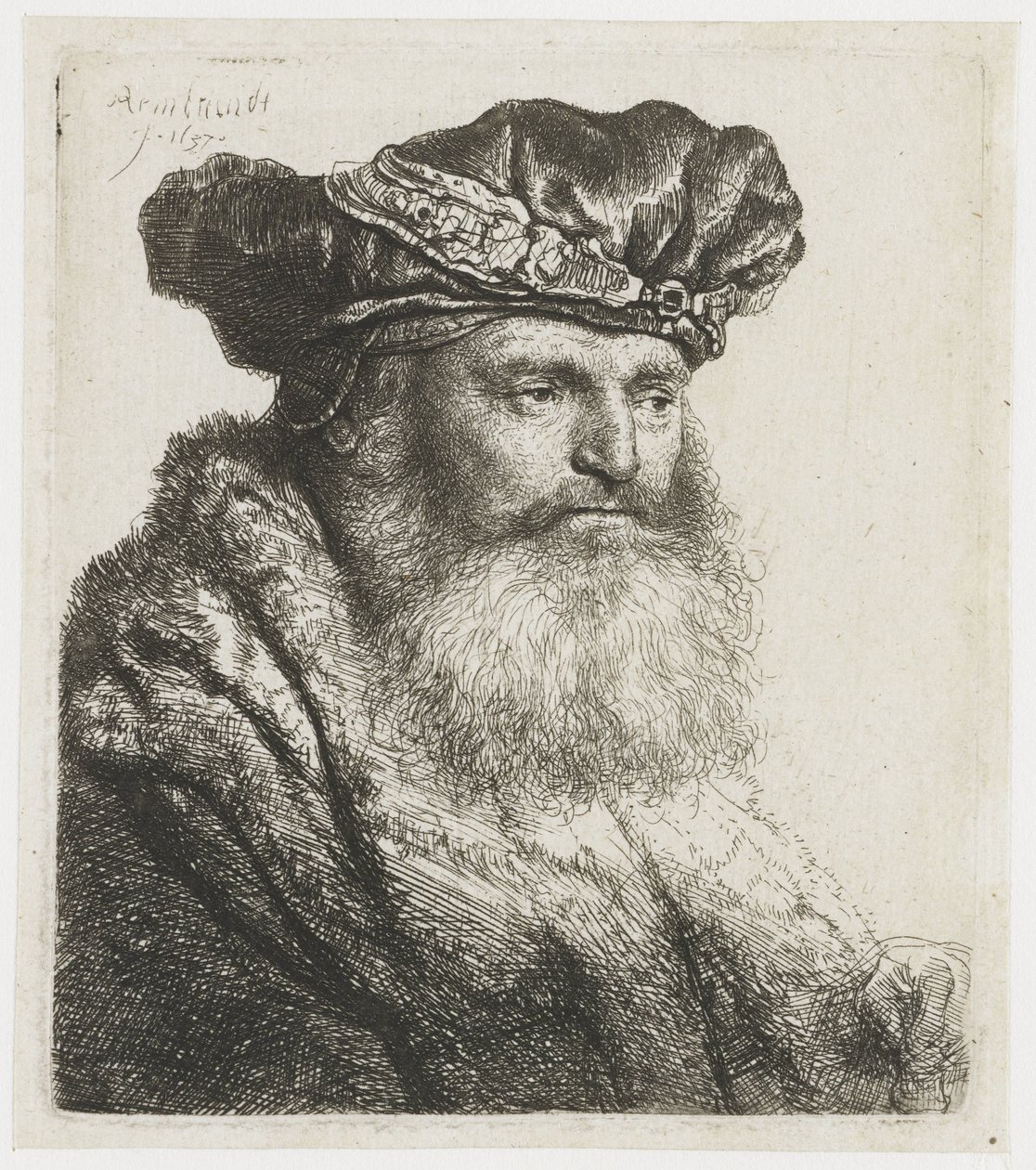 Bearded Man in a Velvet Cap with a Jeweled Clasp by Rembrandt van Rijn