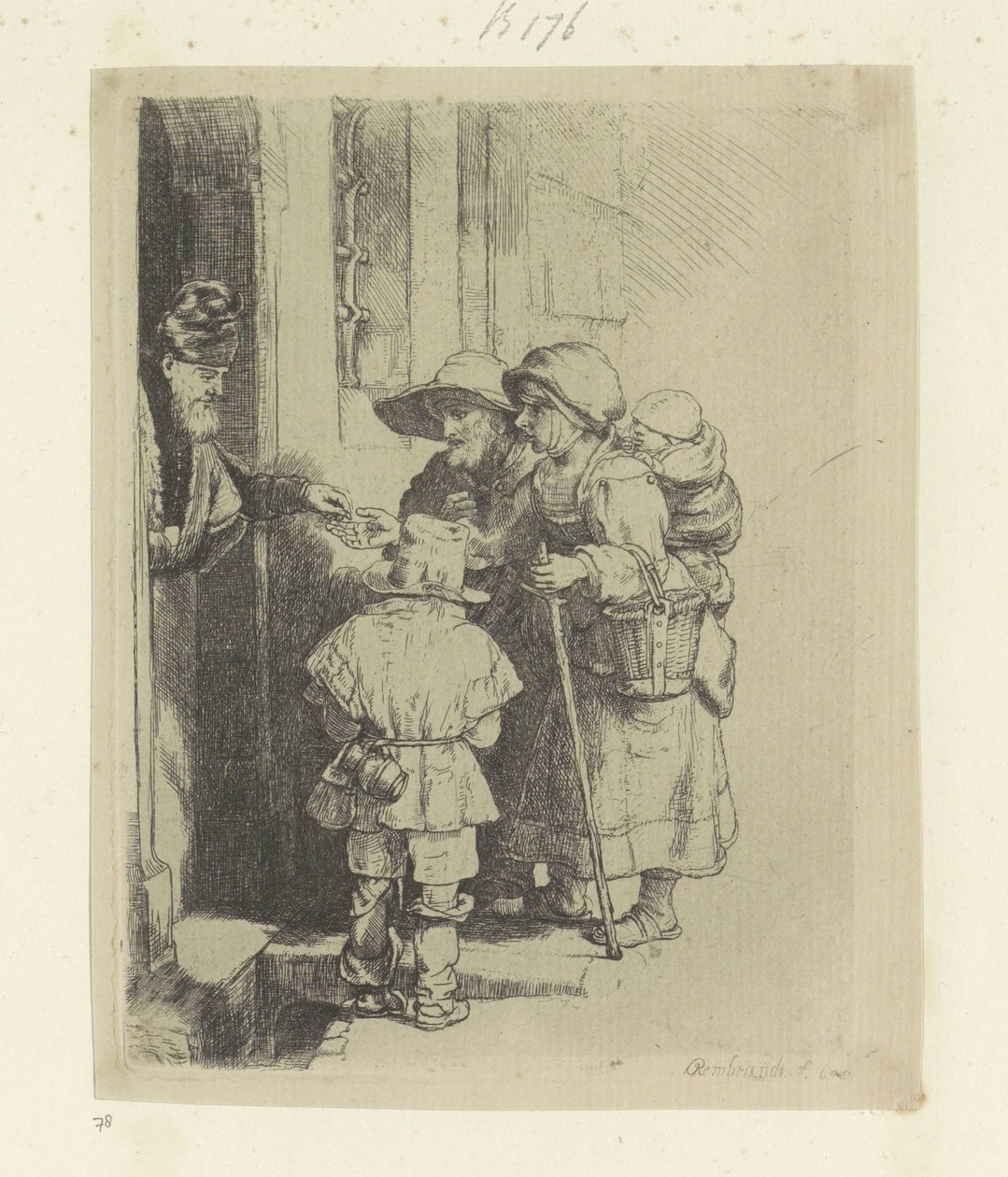 Begging Family Receiving Alms at the Door of a House by Rembrandt van Rijn