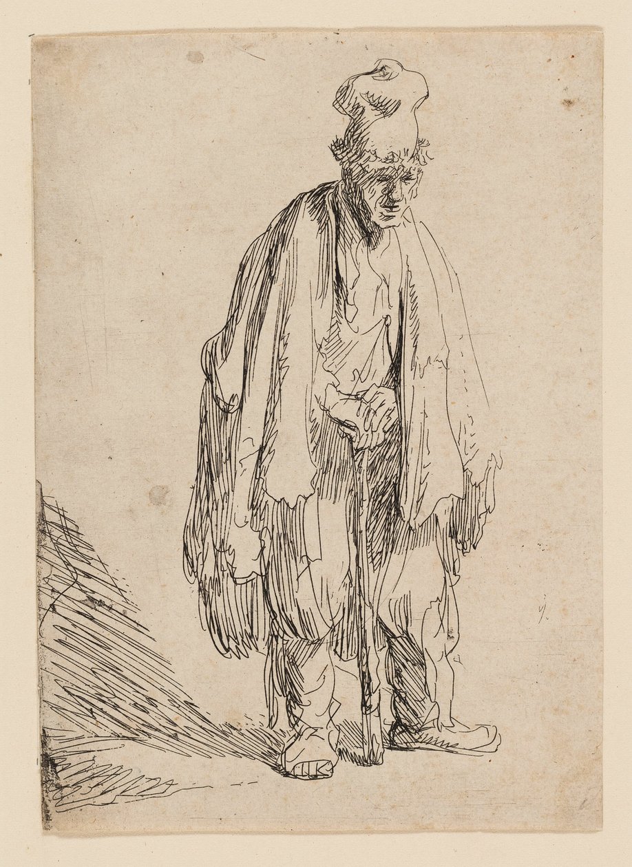 Beggar in a High Cap, Standing and Leaning on a Stick by Rembrandt van Rijn