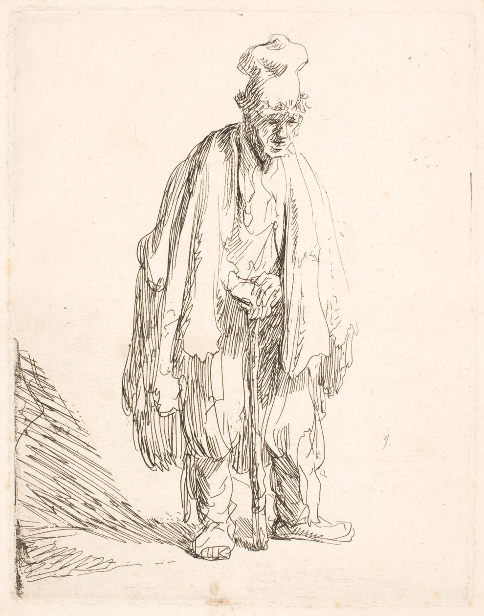 Beggar in a High Cap, Standing and Leaning on a Stick by Rembrandt van Rijn