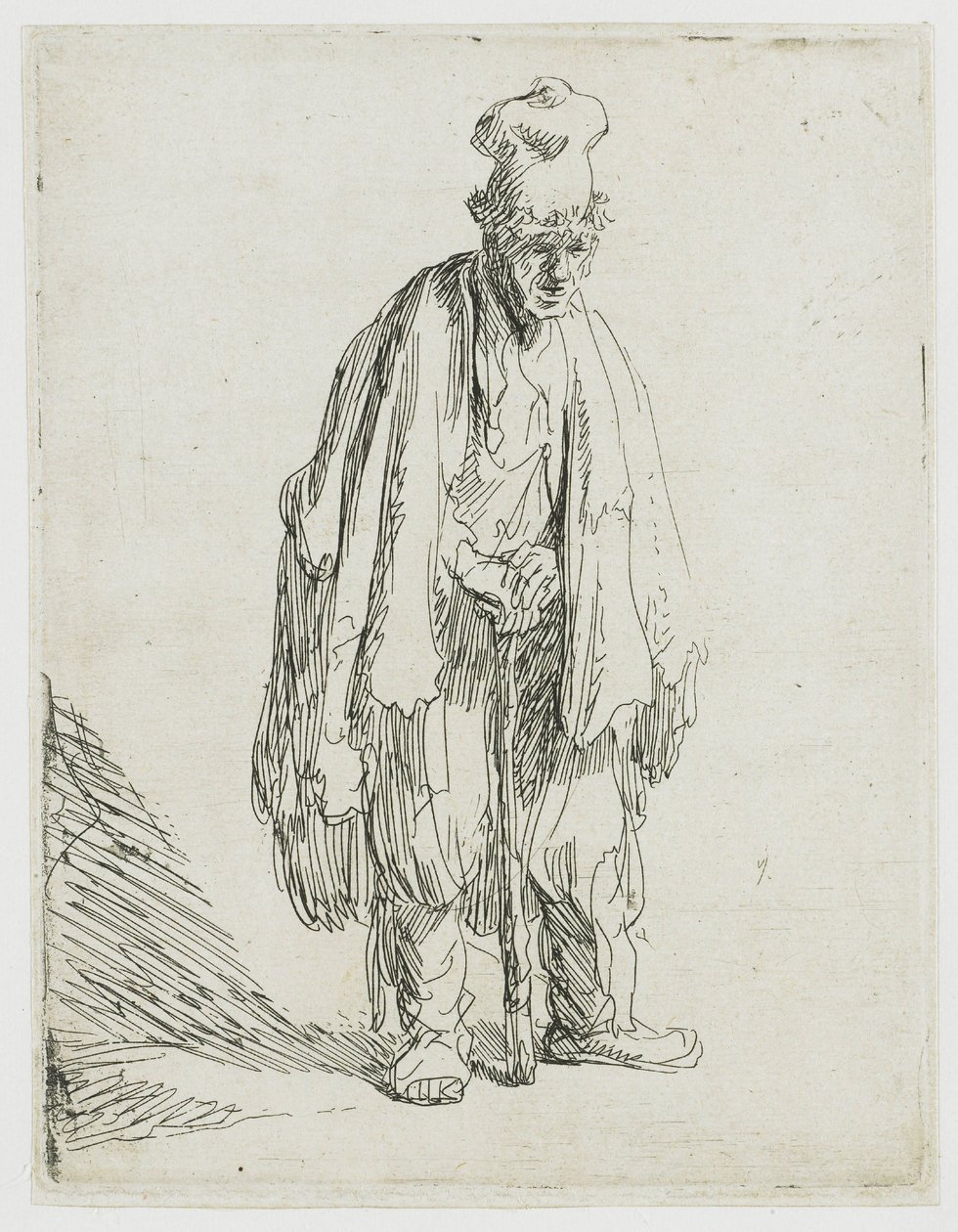 Beggar in a High Cap, Standing and Leaning on a Stick by Rembrandt van Rijn