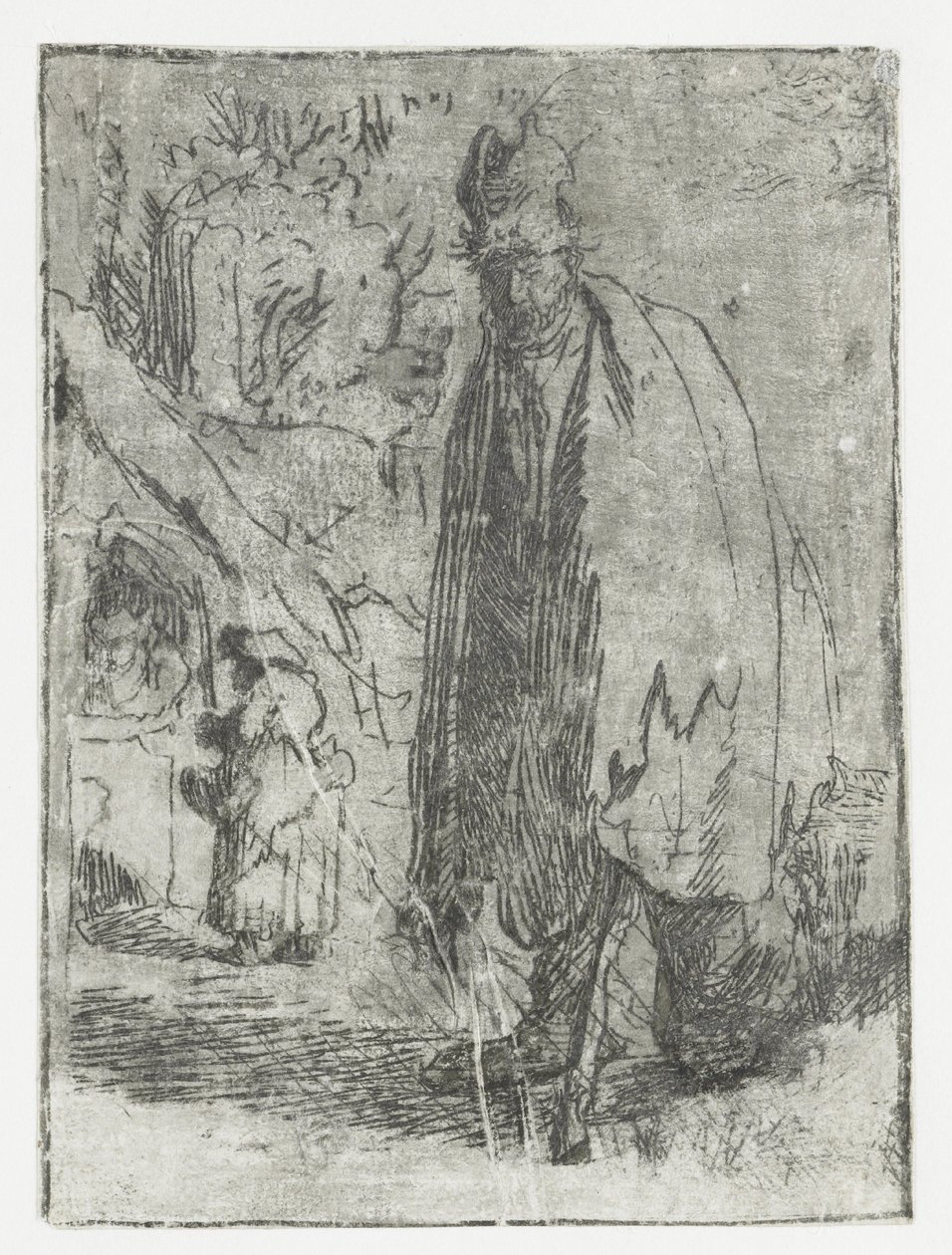 Beggar with a Cottage and Two Figures in the Background by Rembrandt van Rijn