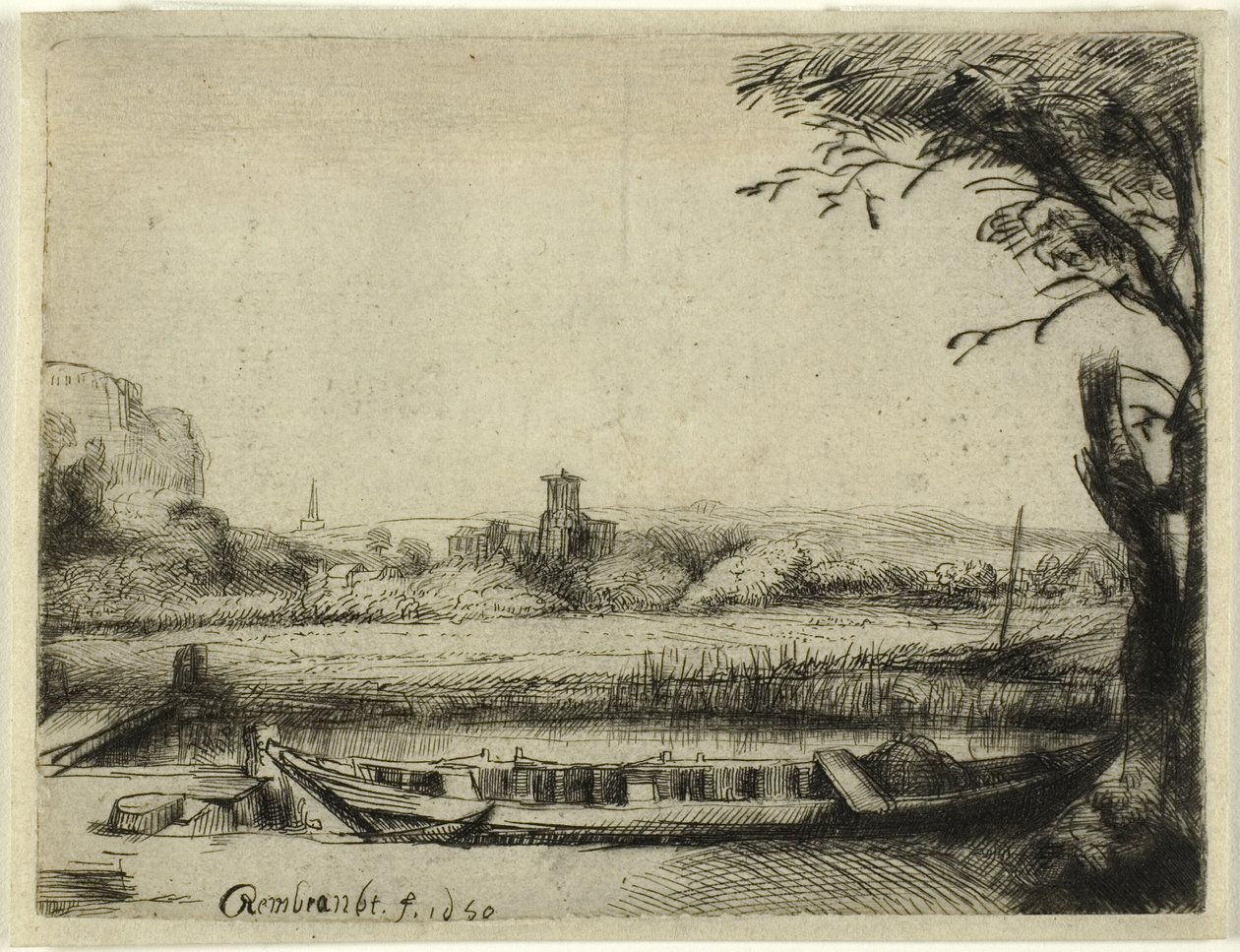Canal with a Large Boat and a Bridge by Rembrandt van Rijn