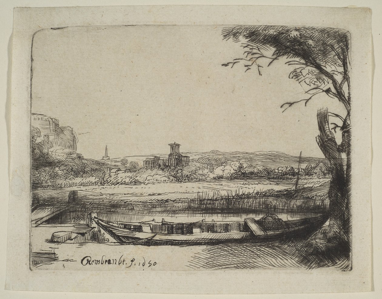 Canal with a Large Boat and a Bridge by Rembrandt van Rijn
