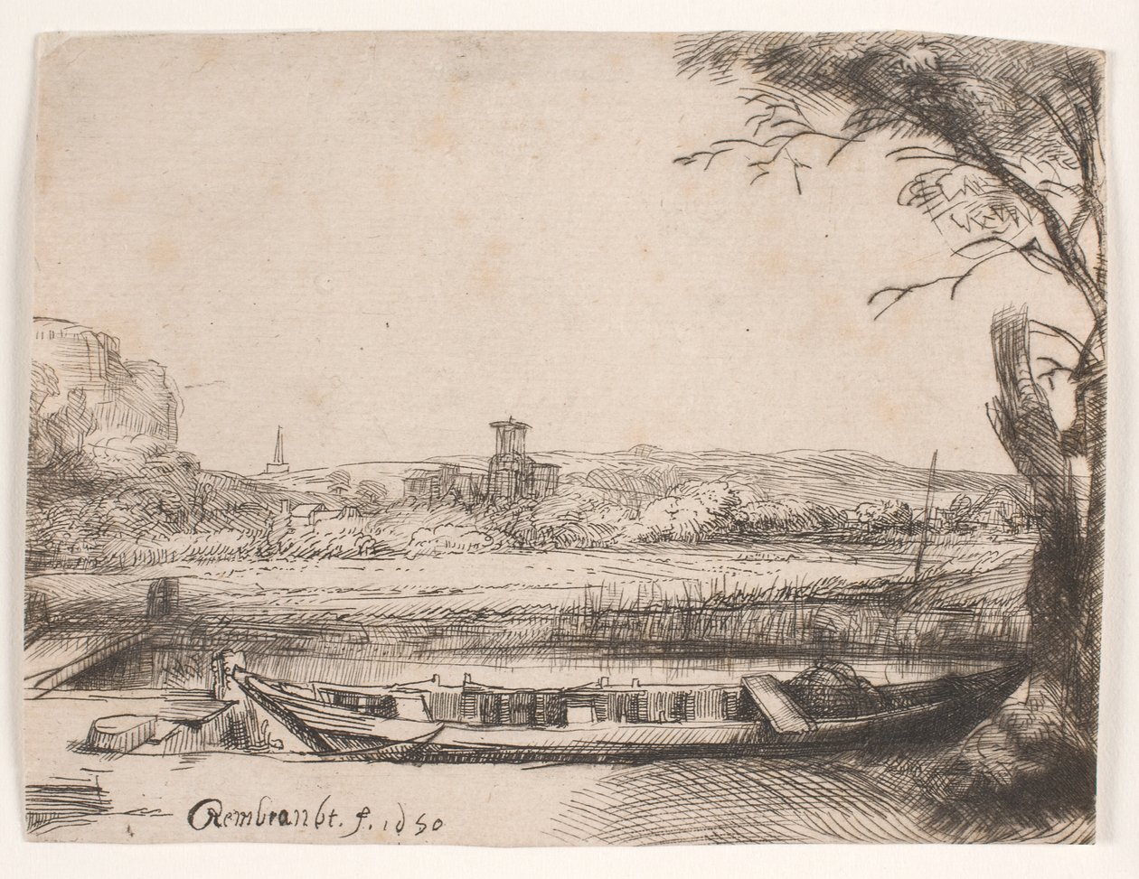 Canal with a Large Boat and Bridge by Rembrandt van Rijn