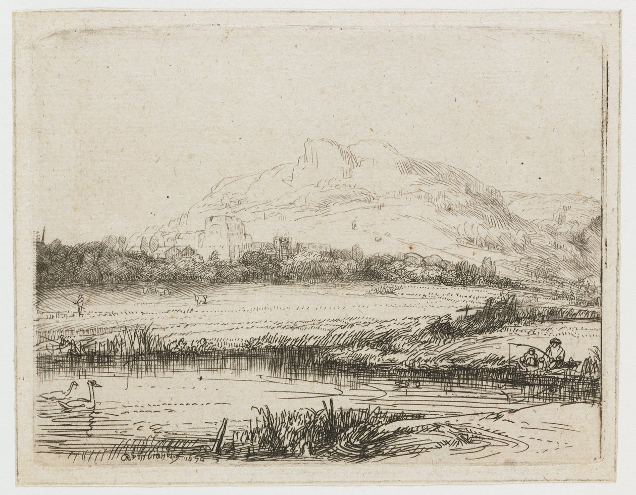 Canal with an Angler and Two Swans by Rembrandt van Rijn