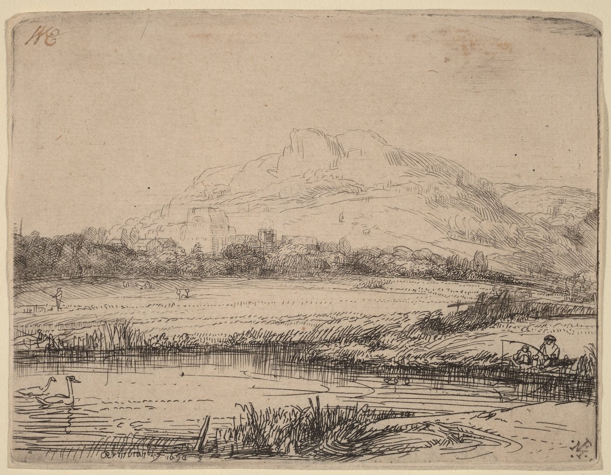 Canal with an Angler and Two Swans by Rembrandt van Rijn