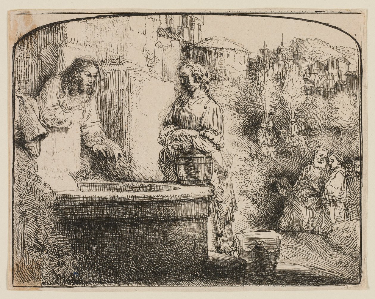 Christ and the Woman of Samaria: An Arched Print by Rembrandt van Rijn