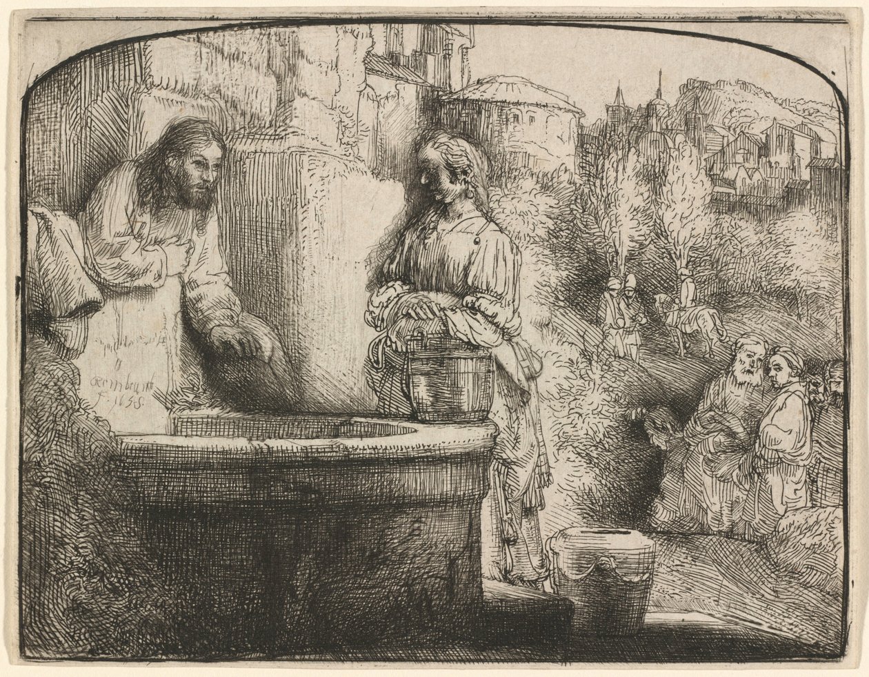Christ and the Woman of Samaria: An Arched Print by Rembrandt van Rijn