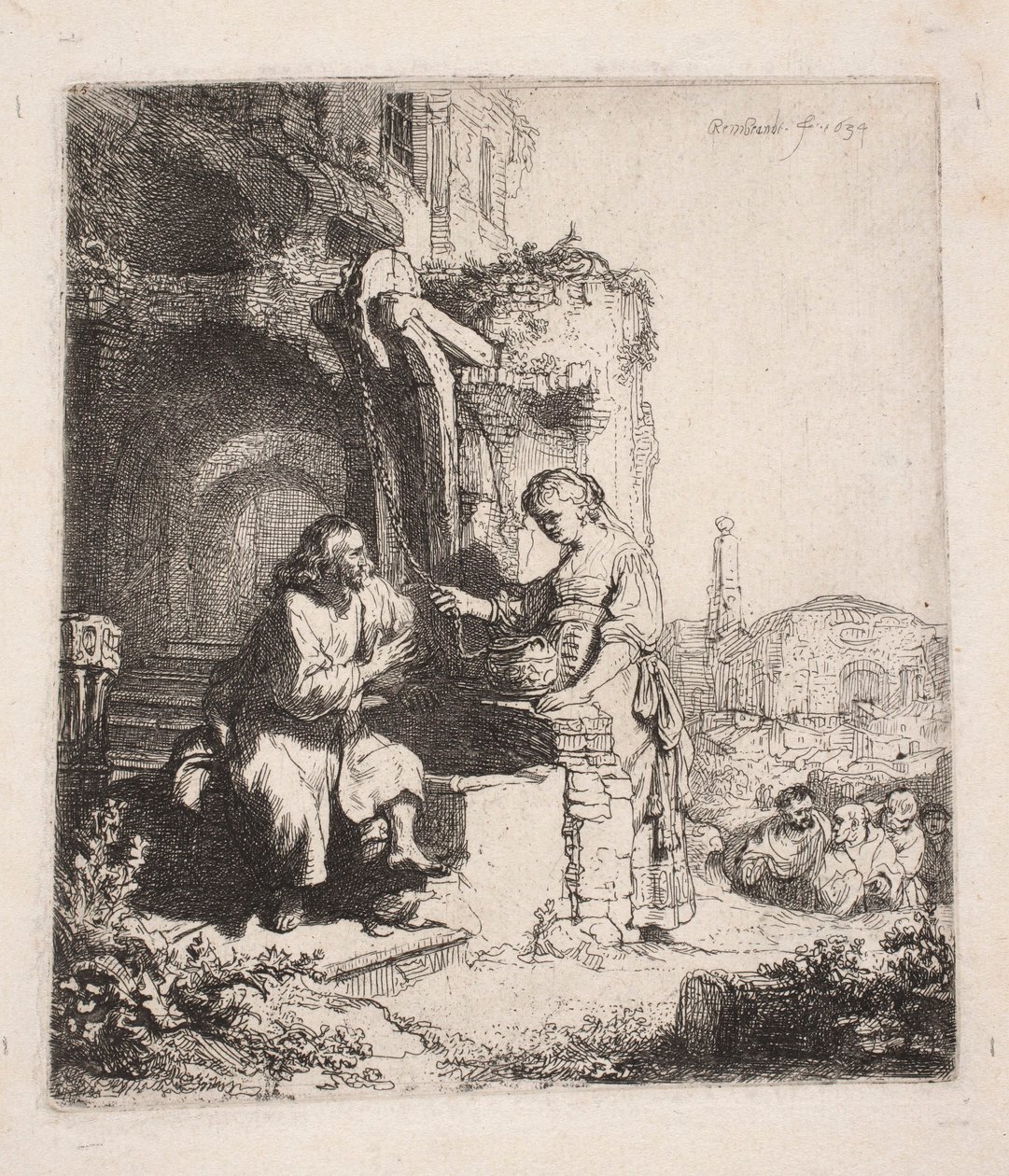 Christ and the Samaritan Woman among Ruins (vertical engraving) by Rembrandt van Rijn