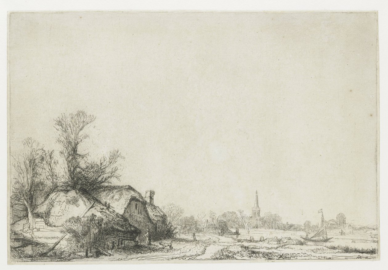 Cottage Beside a Canal with a View of Ouderkerk by Rembrandt van Rijn