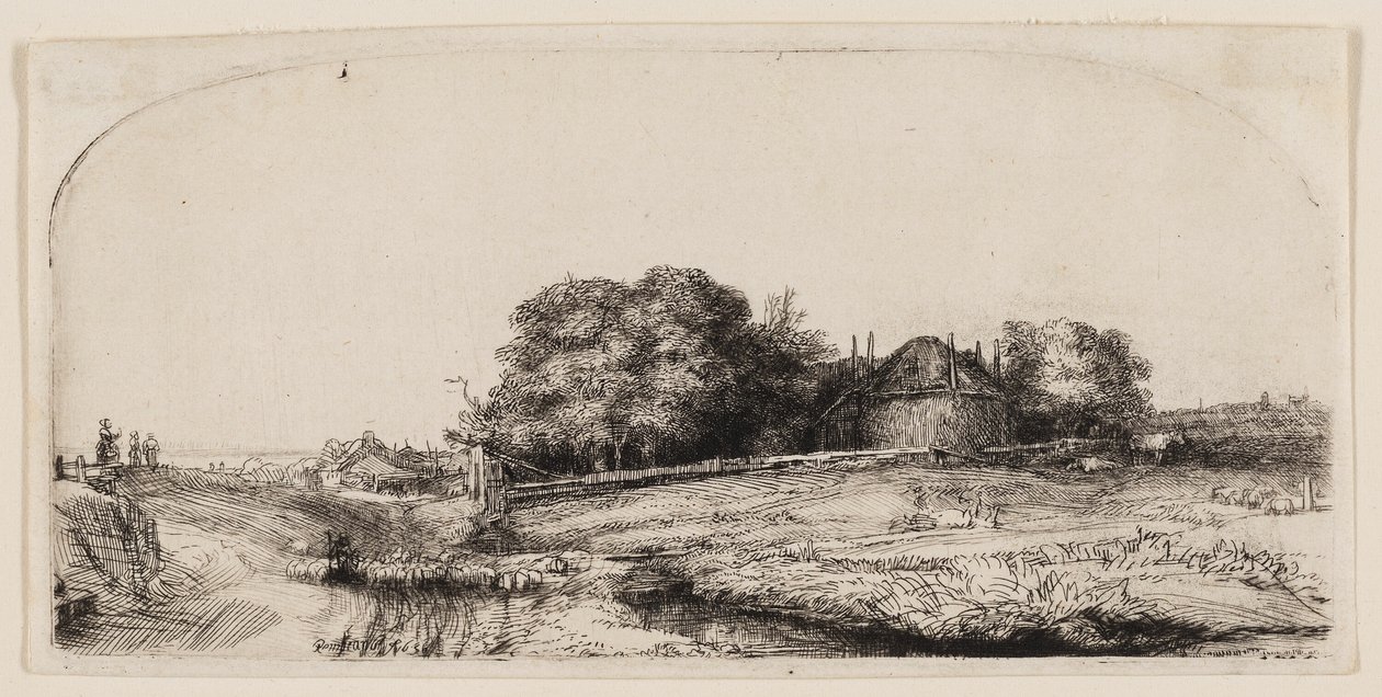Cottages and a Hay Barn on the Diemerdijk with a Flock of Sheep by Rembrandt van Rijn