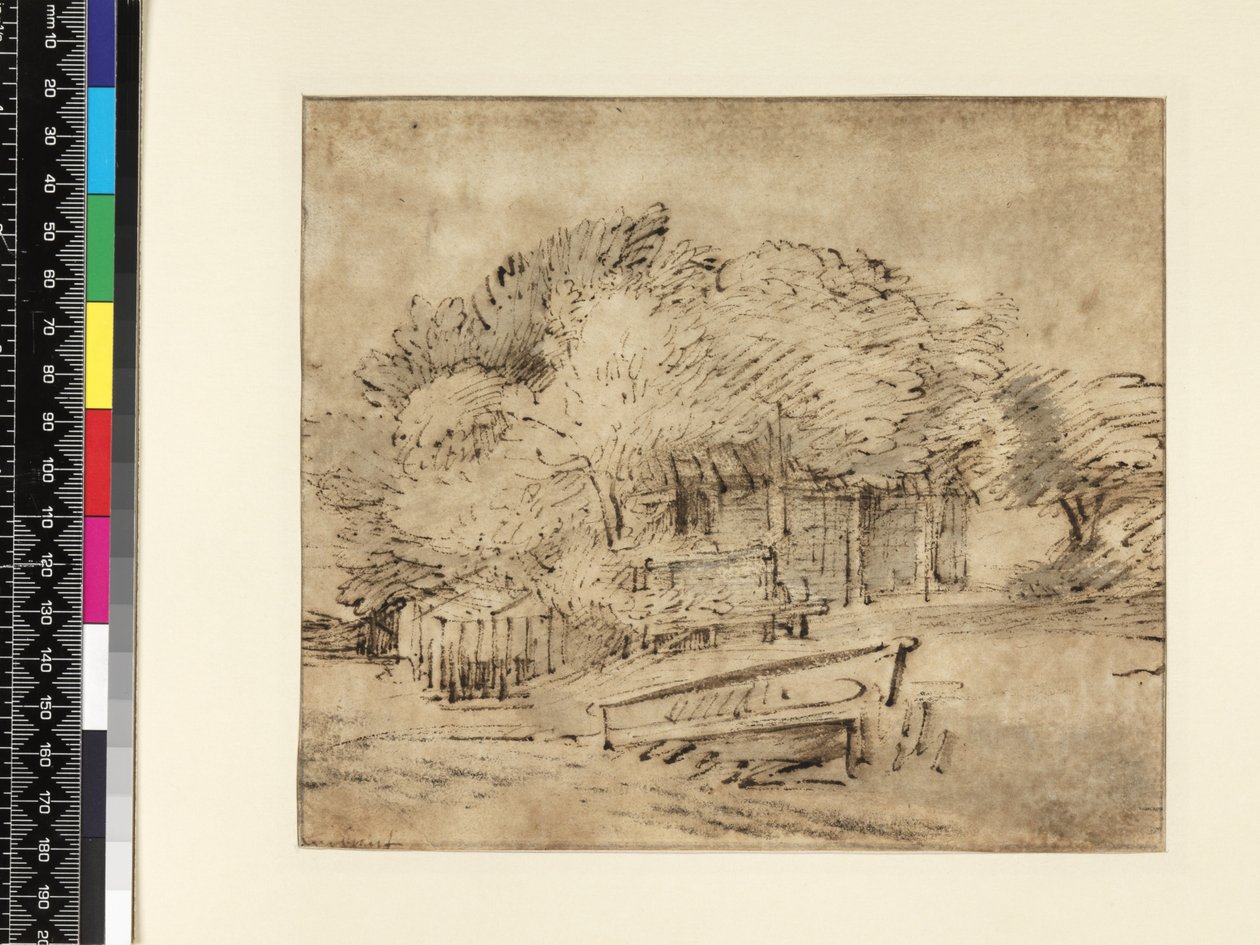 Farmhouse Beneath Trees, with a Footbridge, c.1650 by Rembrandt van Rijn