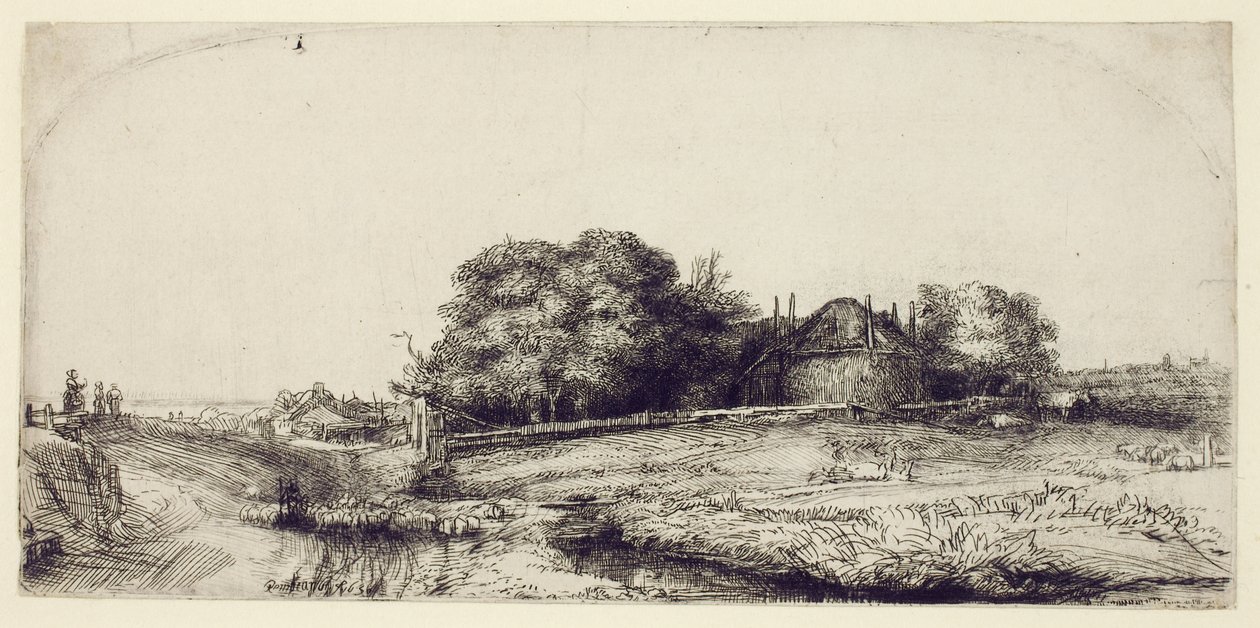 Landscape with Haybarn and a Flock of Sheep, c.1652 by Rembrandt van Rijn