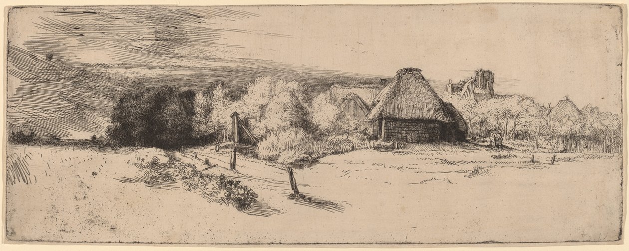 Landscape with Trees, Farm Buildings and a Tower by Rembrandt van Rijn