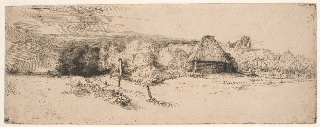 Landscape with Trees, Farm Buildings and a Tower by Rembrandt van Rijn