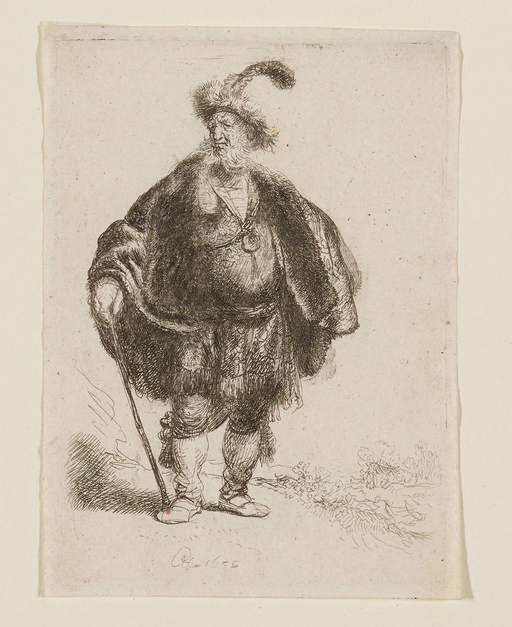 Man Standing in Oriental Costume and Plumed Fur Cap by Rembrandt van Rijn