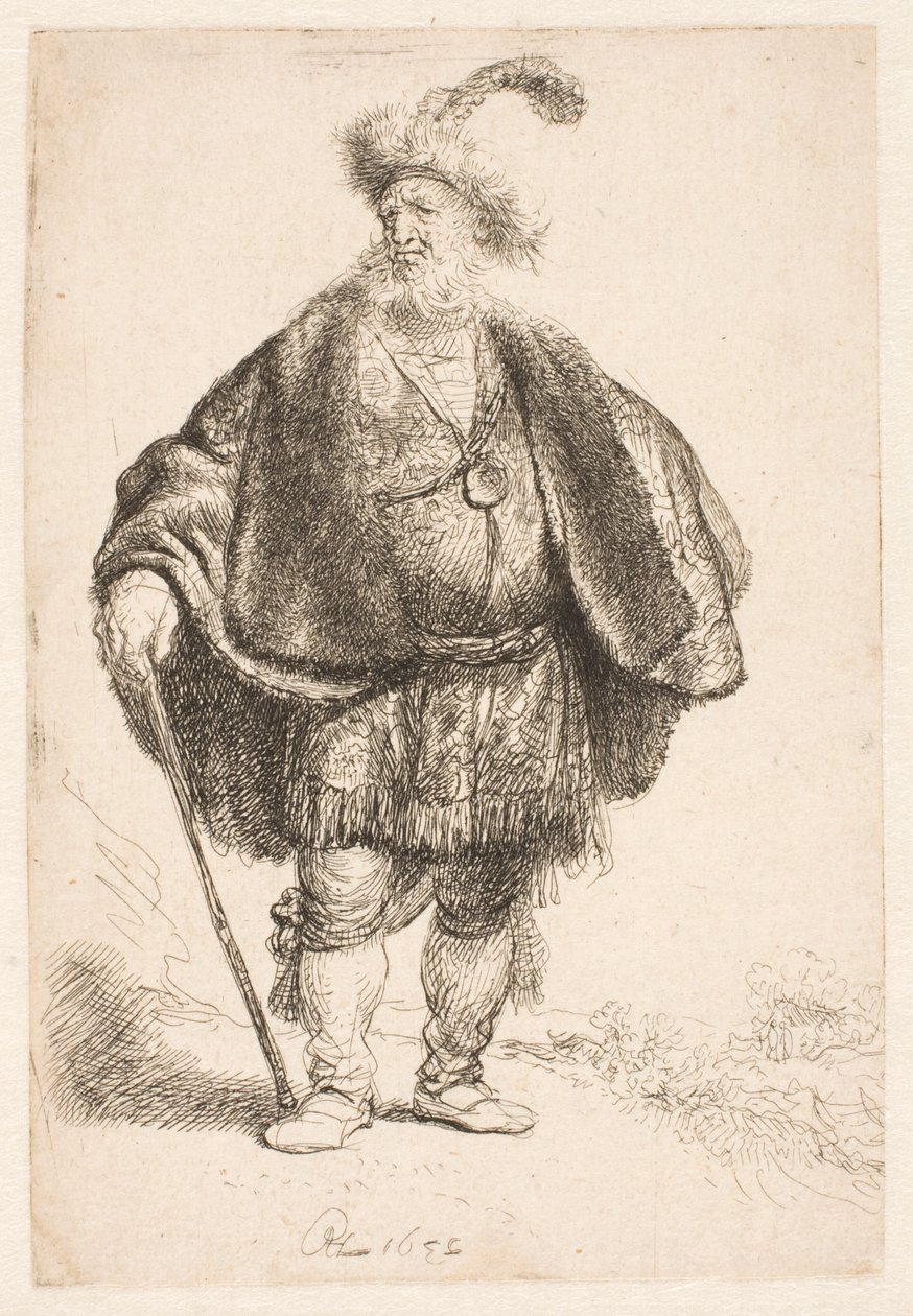 Man Standing in Oriental Costume and Plumed Fur Cap by Rembrandt van Rijn