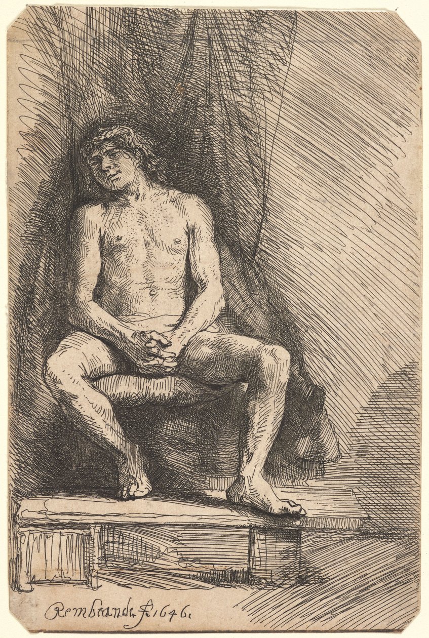 Nude Man Seated Before a Curtain by Rembrandt van Rijn