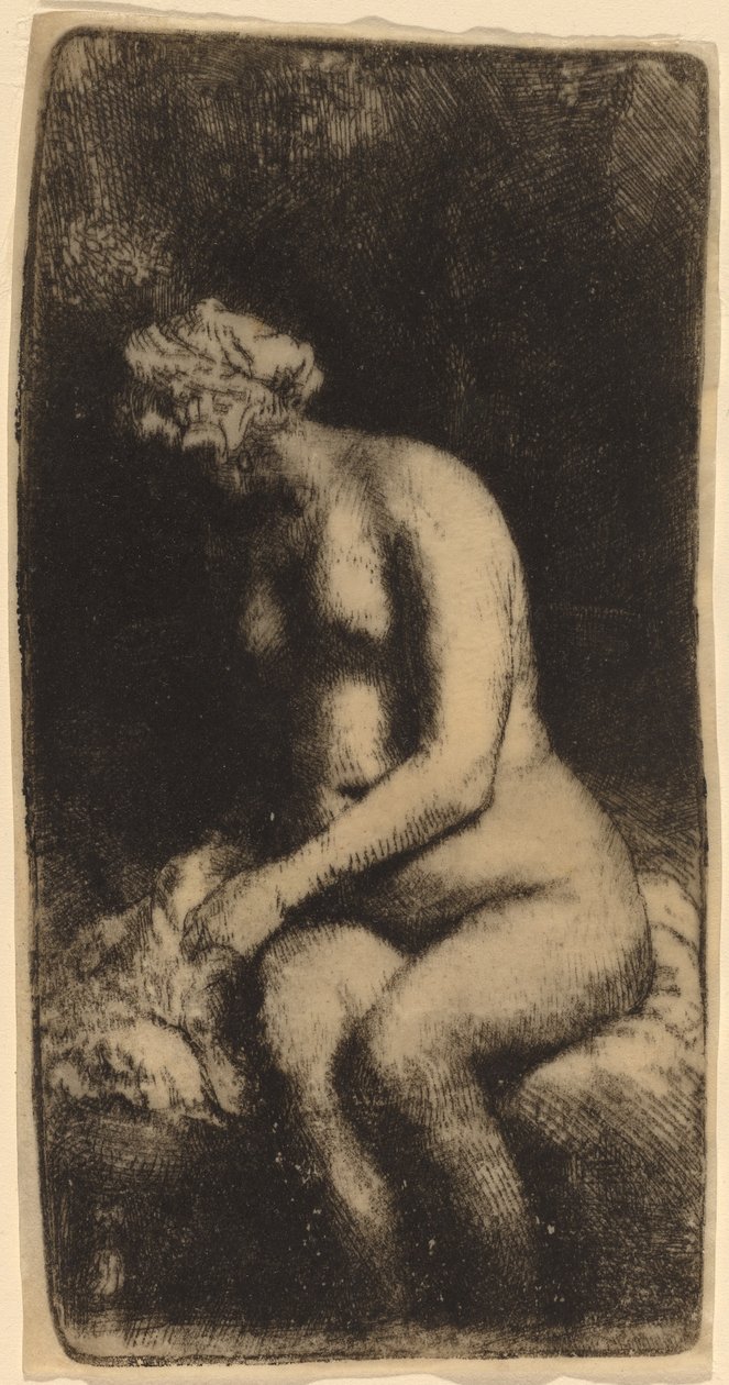 Nude Seated on a Bench with a Pillow (Woman Bathing Her Feet at a Brook) by Rembrandt van Rijn