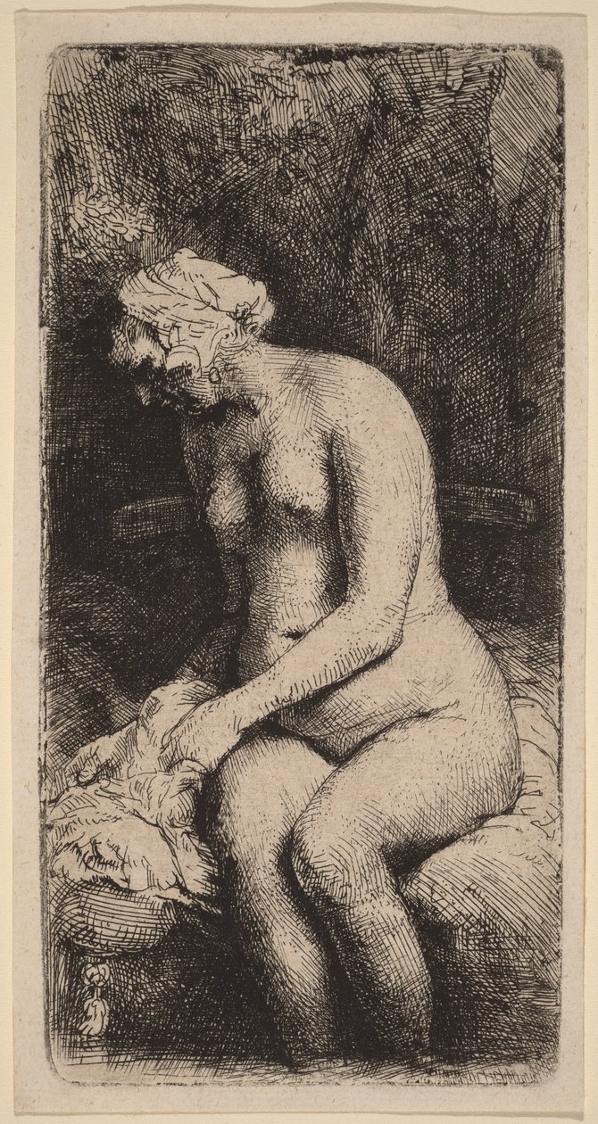 Nude Seated on a Bench with a Pillow by Rembrandt van Rijn