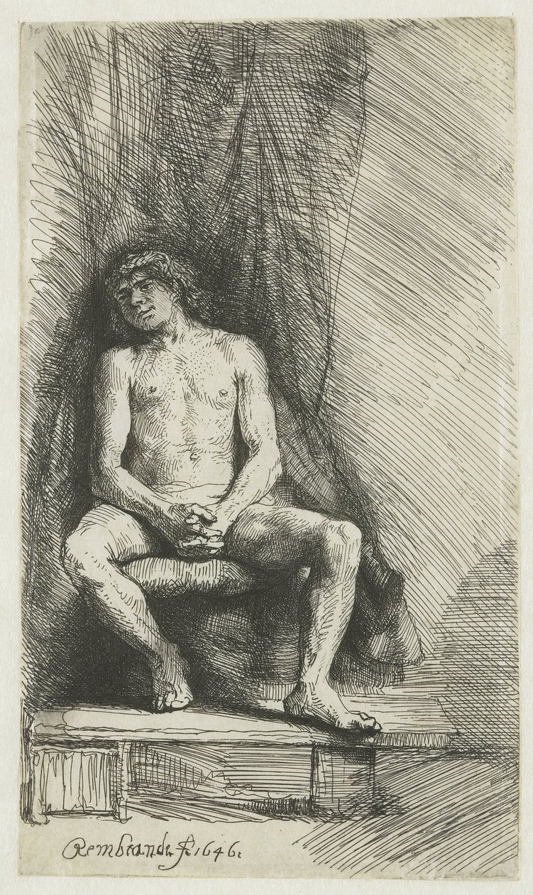 Nude Young Man, Seated Before a Curtain by Rembrandt van Rijn