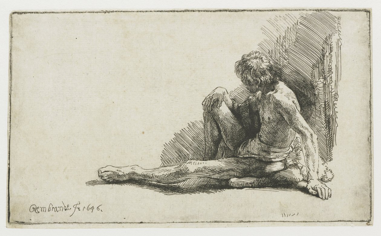 Nude Man Seated on the Ground with One Leg Extended by Rembrandt van Rijn
