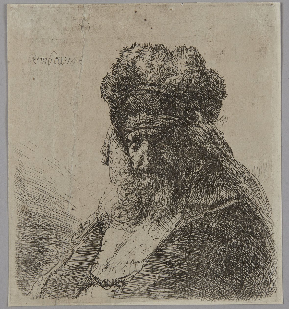 Old Bearded Man in a High Fur Cap, with Eyes Closed by Rembrandt van Rijn