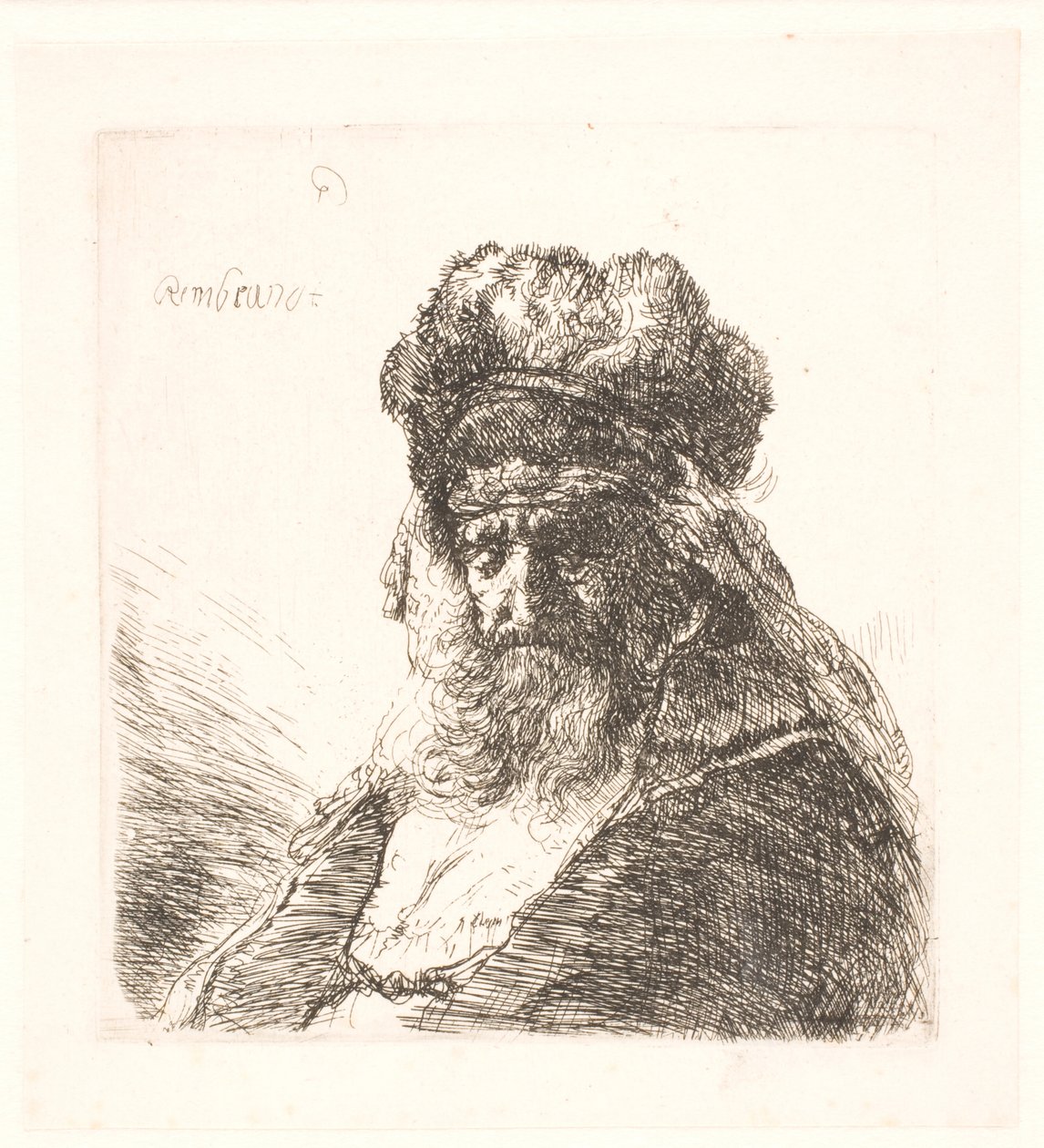 Old Bearded Man in a High Fur Cap, with Closed Eyes by Rembrandt van Rijn