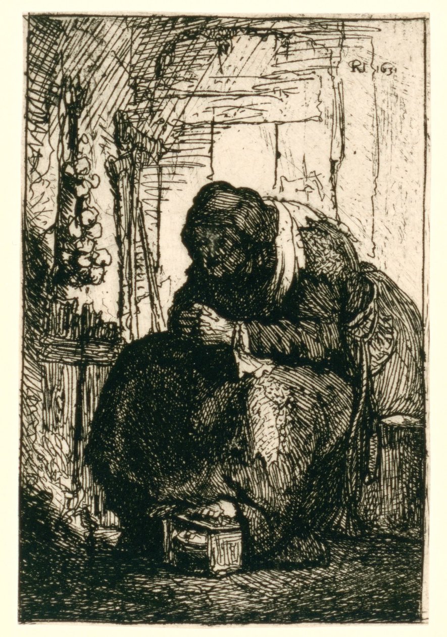 Old Woman Seated in a Cottage, with a String of Onions on the Wall by Rembrandt van Rijn