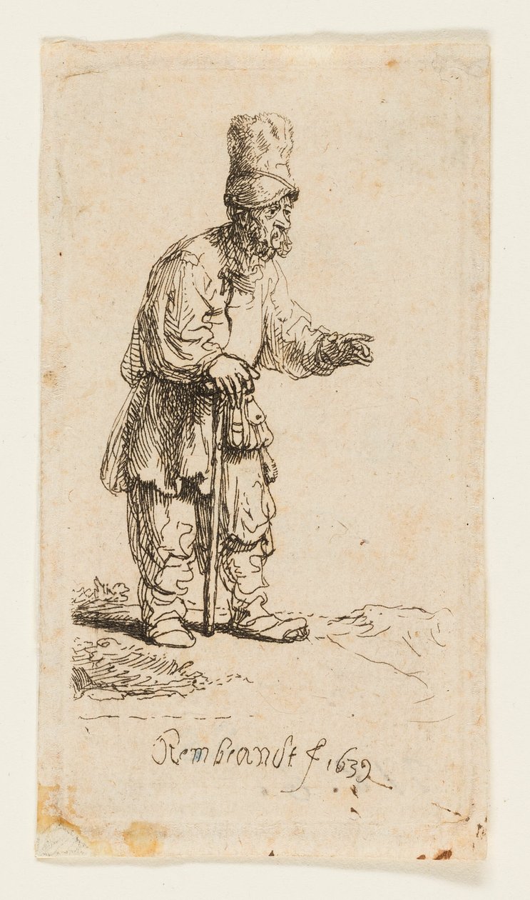Peasant in a High Cap, Standing Leaning on a Stick by Rembrandt van Rijn