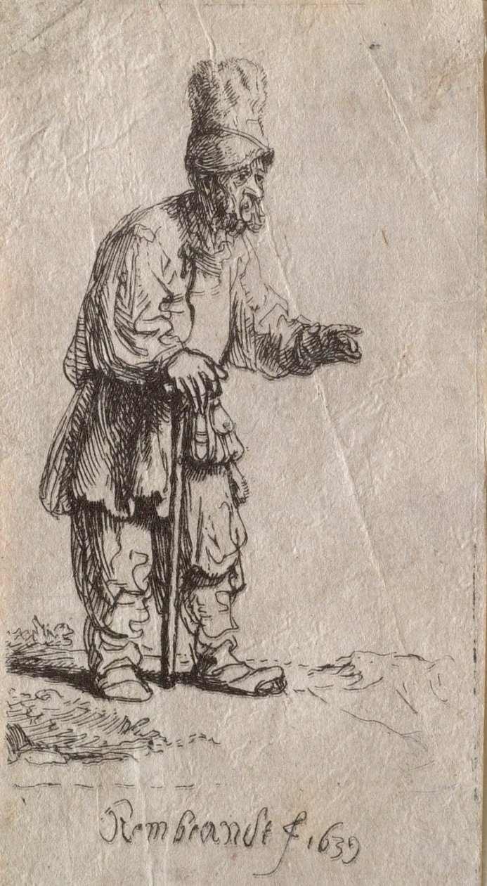 Peasant in a High Cap, Standing, Leaning on a Stick by Rembrandt van Rijn