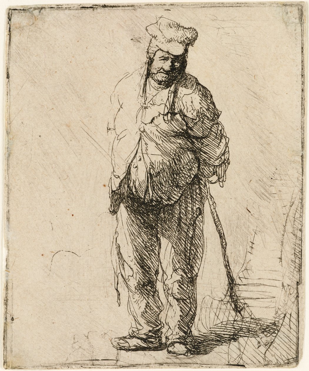 Ragged Peasant with his Hands behind Him, holding a Stick by Rembrandt van Rijn