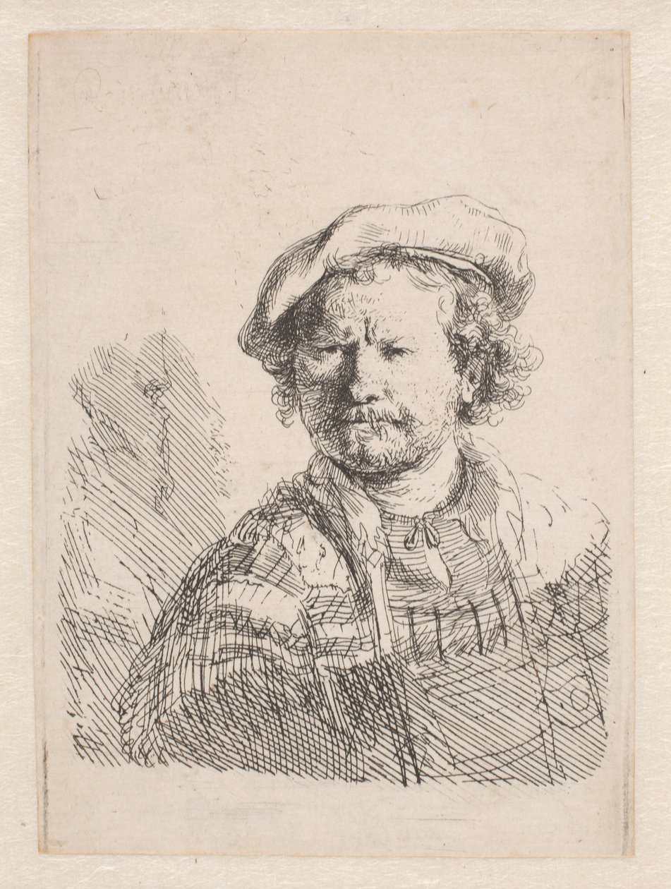 Rembrandt in a flat cap with a shawl about his shoulders by Rembrandt van Rijn