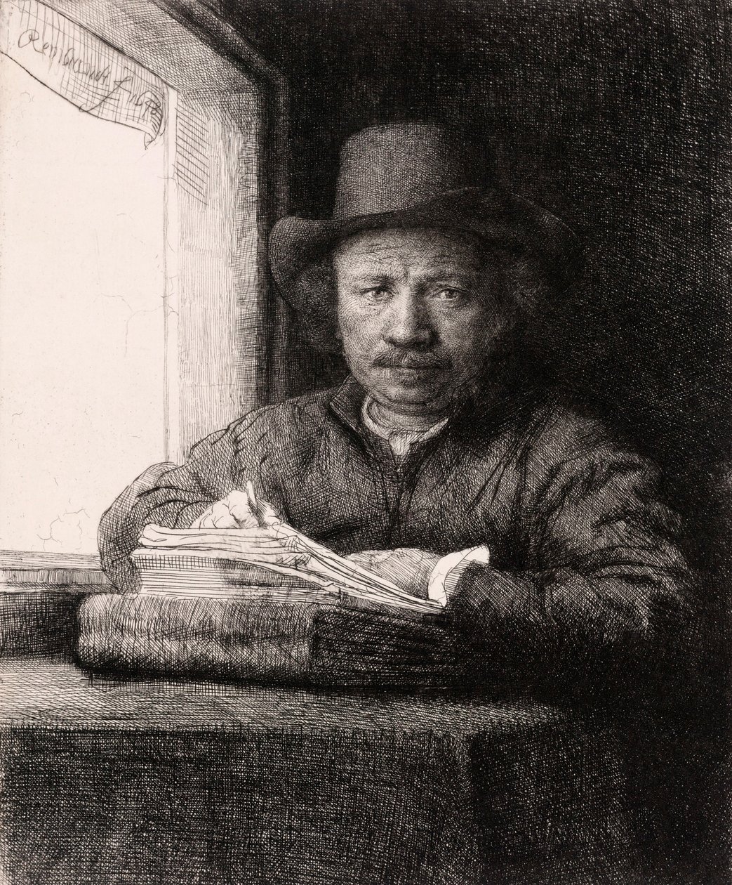 Self-Portrait Drawing at a Window by Rembrandt van Rijn by Rembrandt van Rijn