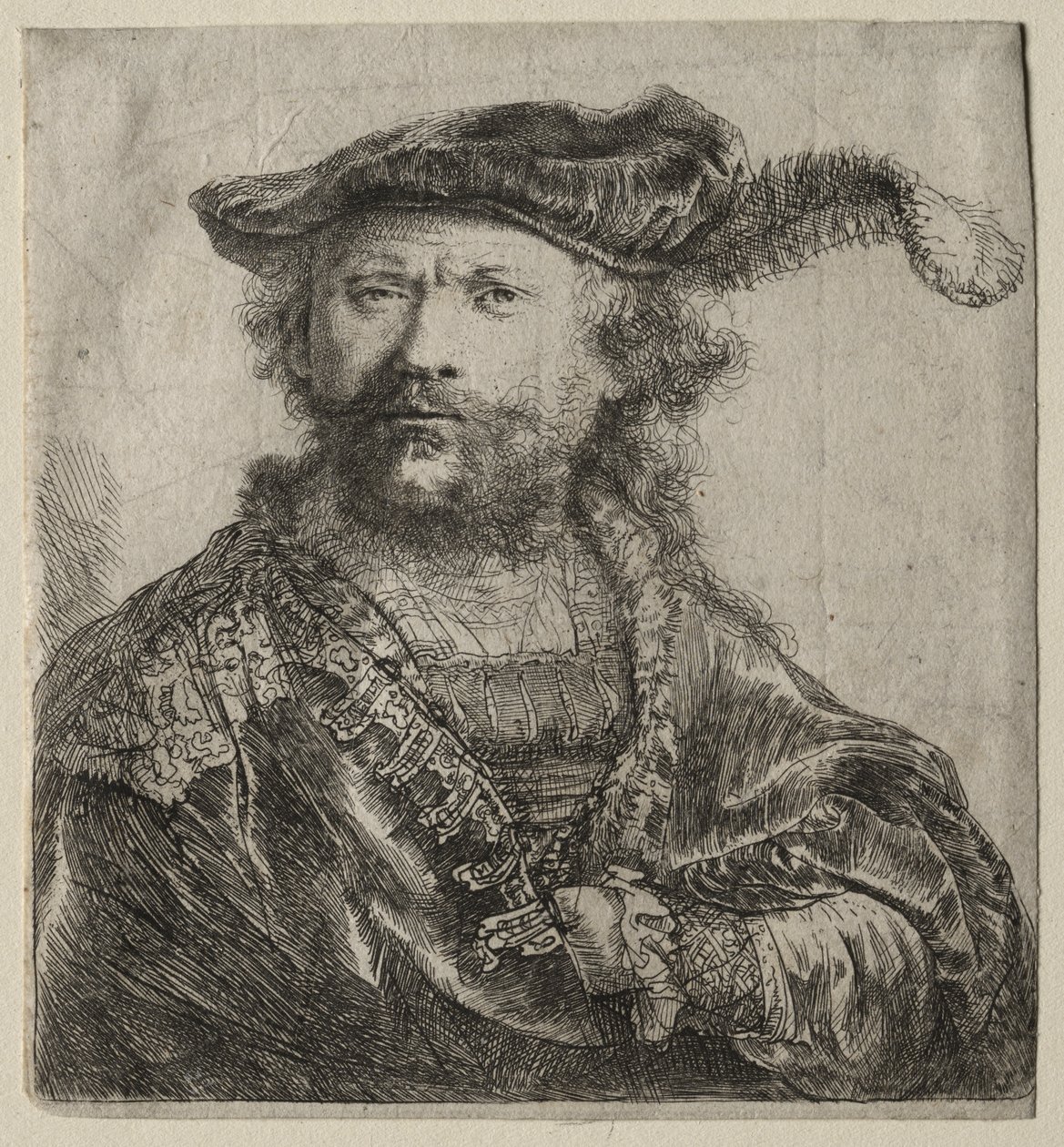 Self-Portrait in Velvet Cap with Plume by Rembrandt van Rijn