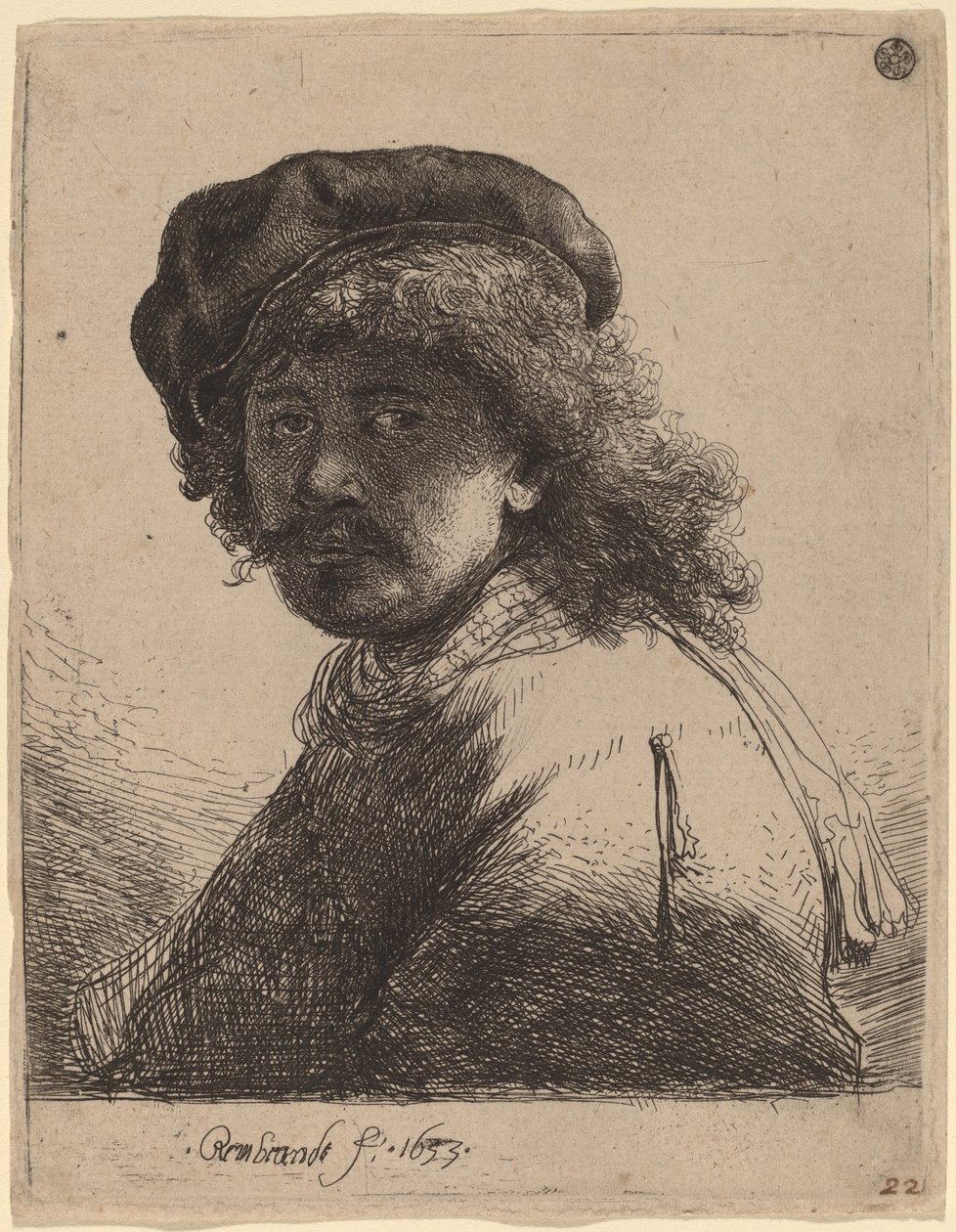 Self-Portrait in a Cap and Scarf with the Face Dark by Rembrandt van Rijn