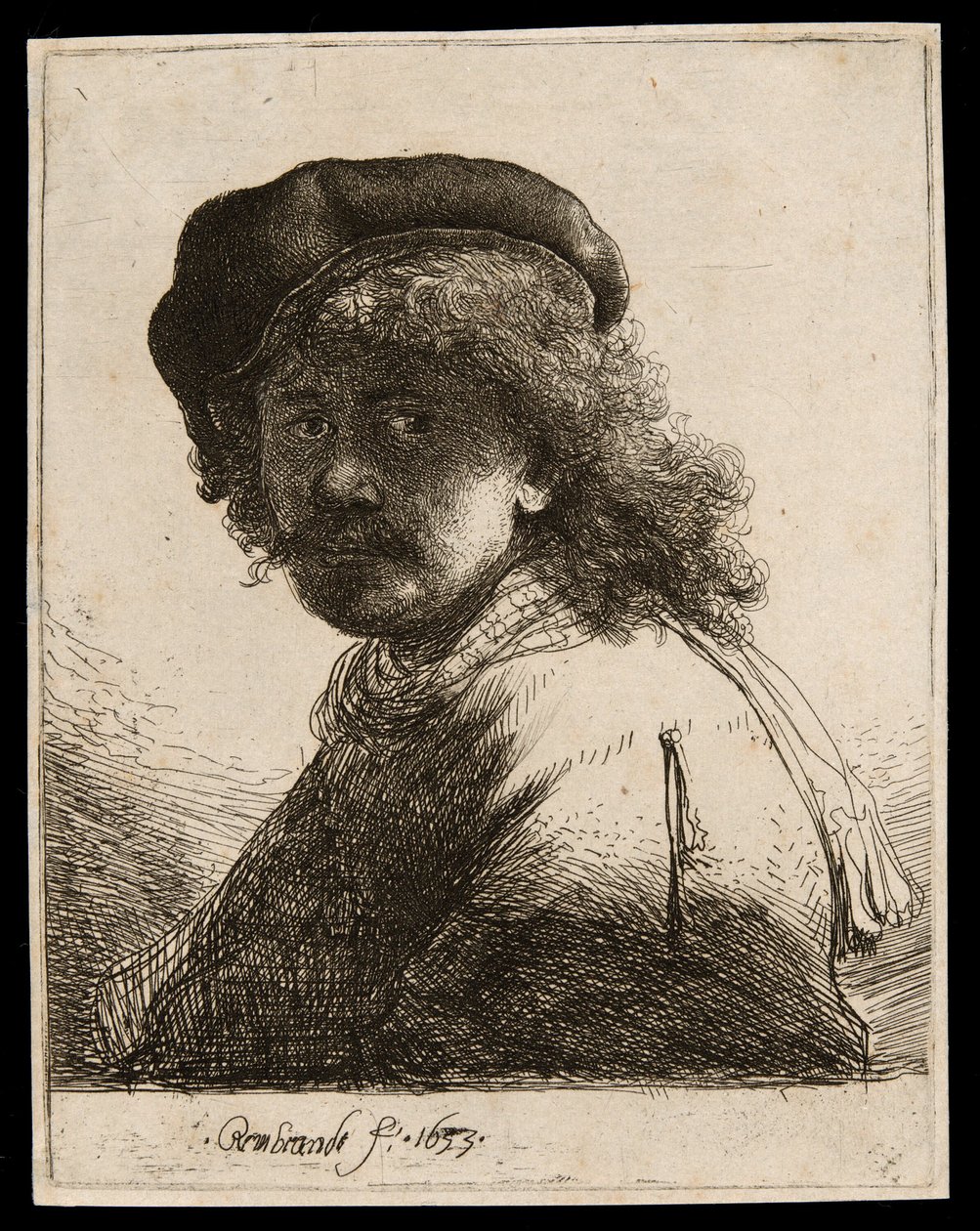 Self-Portrait in a Cap and Scarf with the Face Dark: Bust by Rembrandt van Rijn
