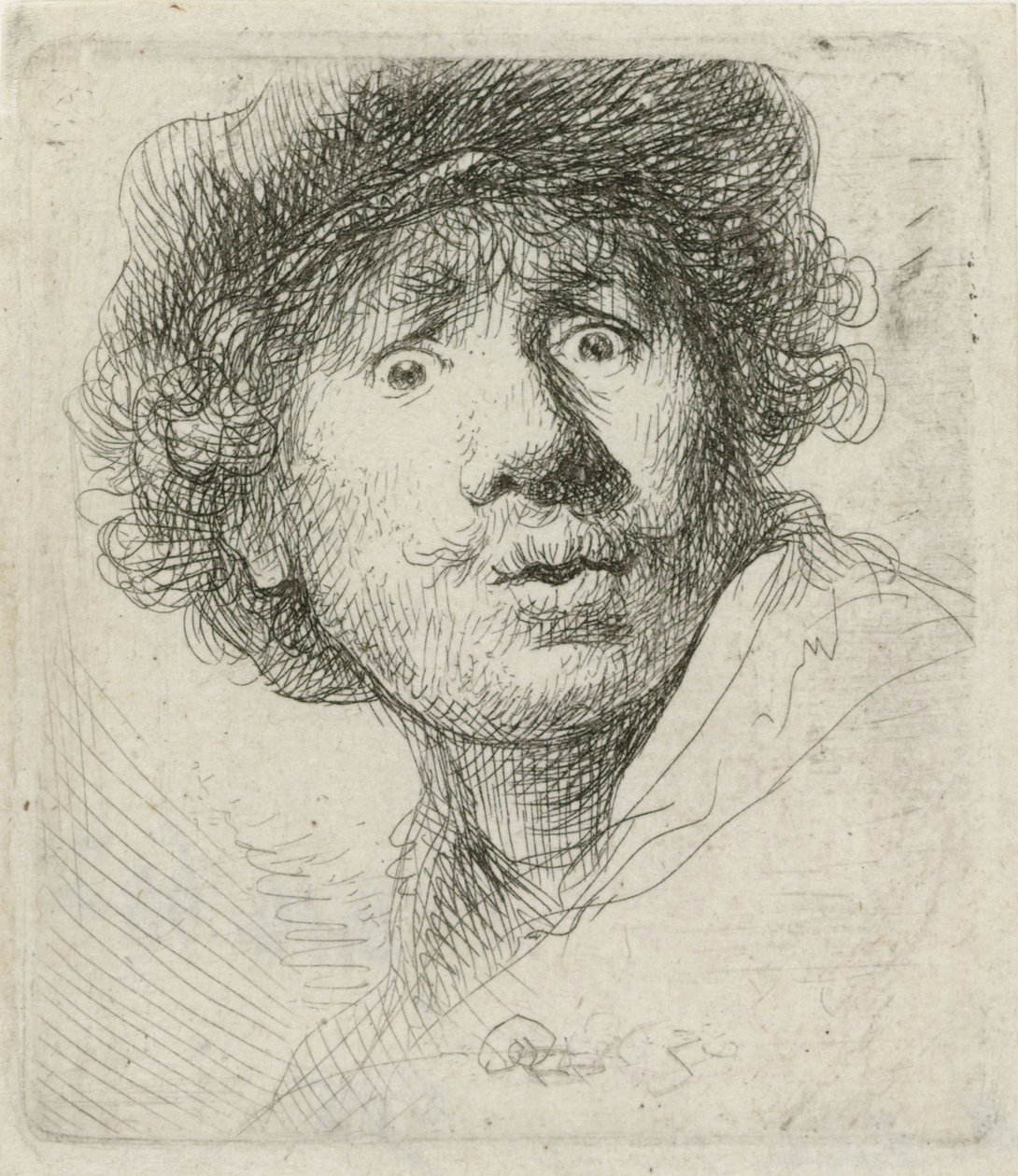 Self-portrait with beret and wide-eyed by Rembrandt van Rijn