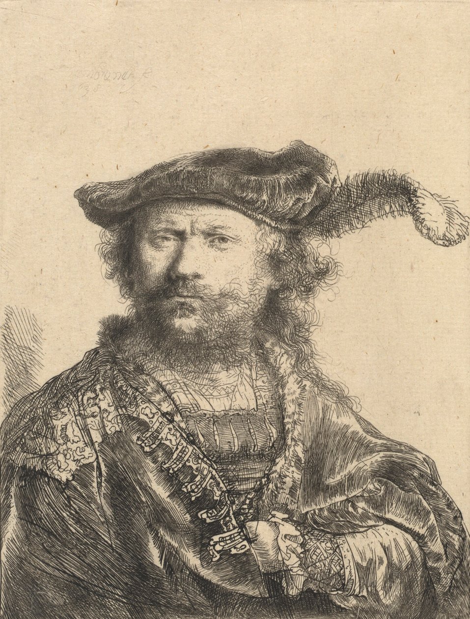Self Portrait in a Velvet Cap with Plume, 1638 by Rembrandt van Rijn