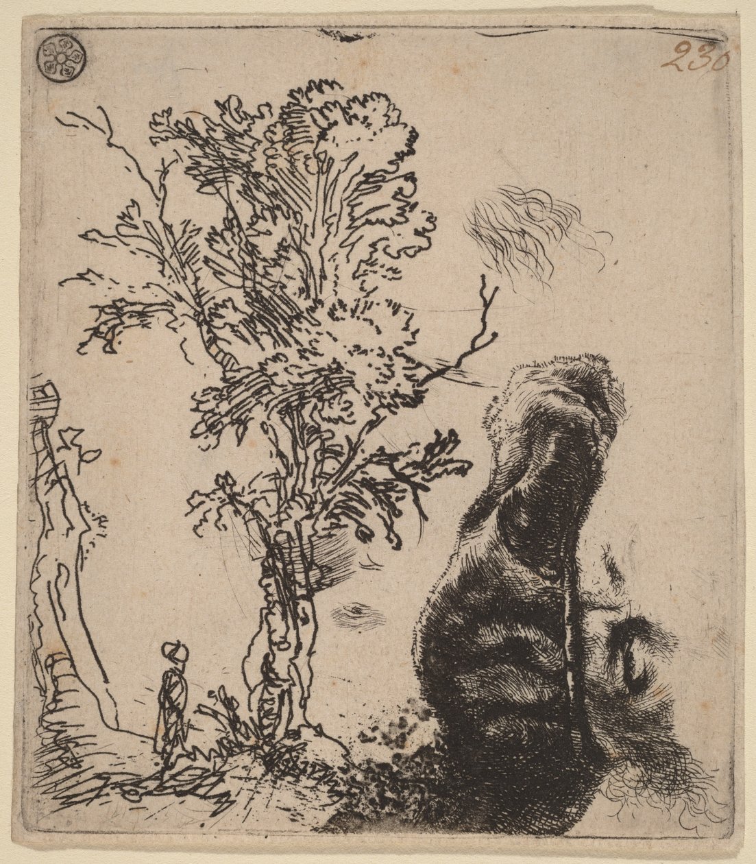 Sheet with Two Studies: a Tree, and the Upper Part of a Head of the Artist Wearing a Velvet Cap by Rembrandt van Rijn