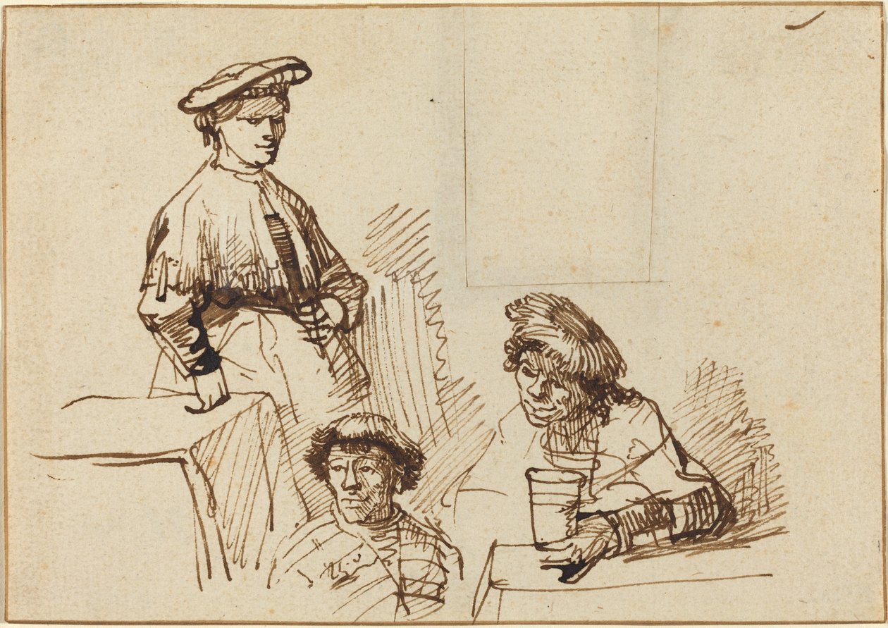Sketches from a Tavern: Woman Standing and Two Men Seated by Rembrandt van Rijn